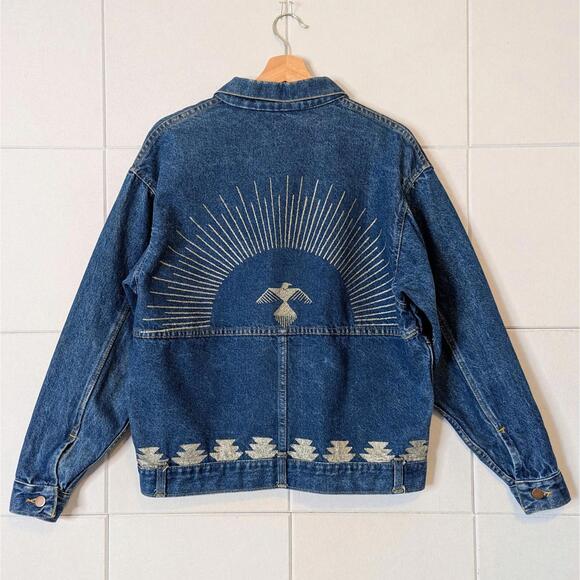 SOLD Vintage 80s embellished sunburst thunderbird denim jacket - Picture 3 of 6
